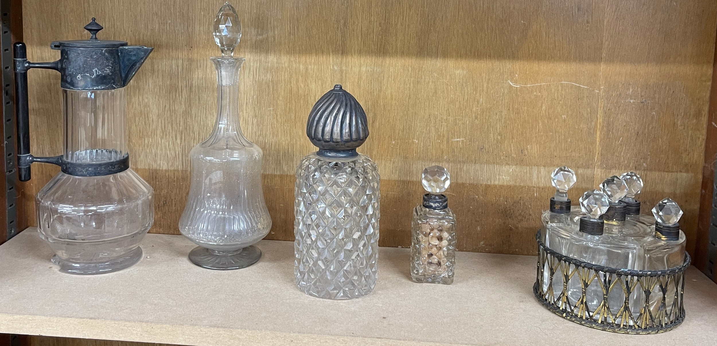 Selection of vintage and later glass items includes silver topped bottle, christopher dresser