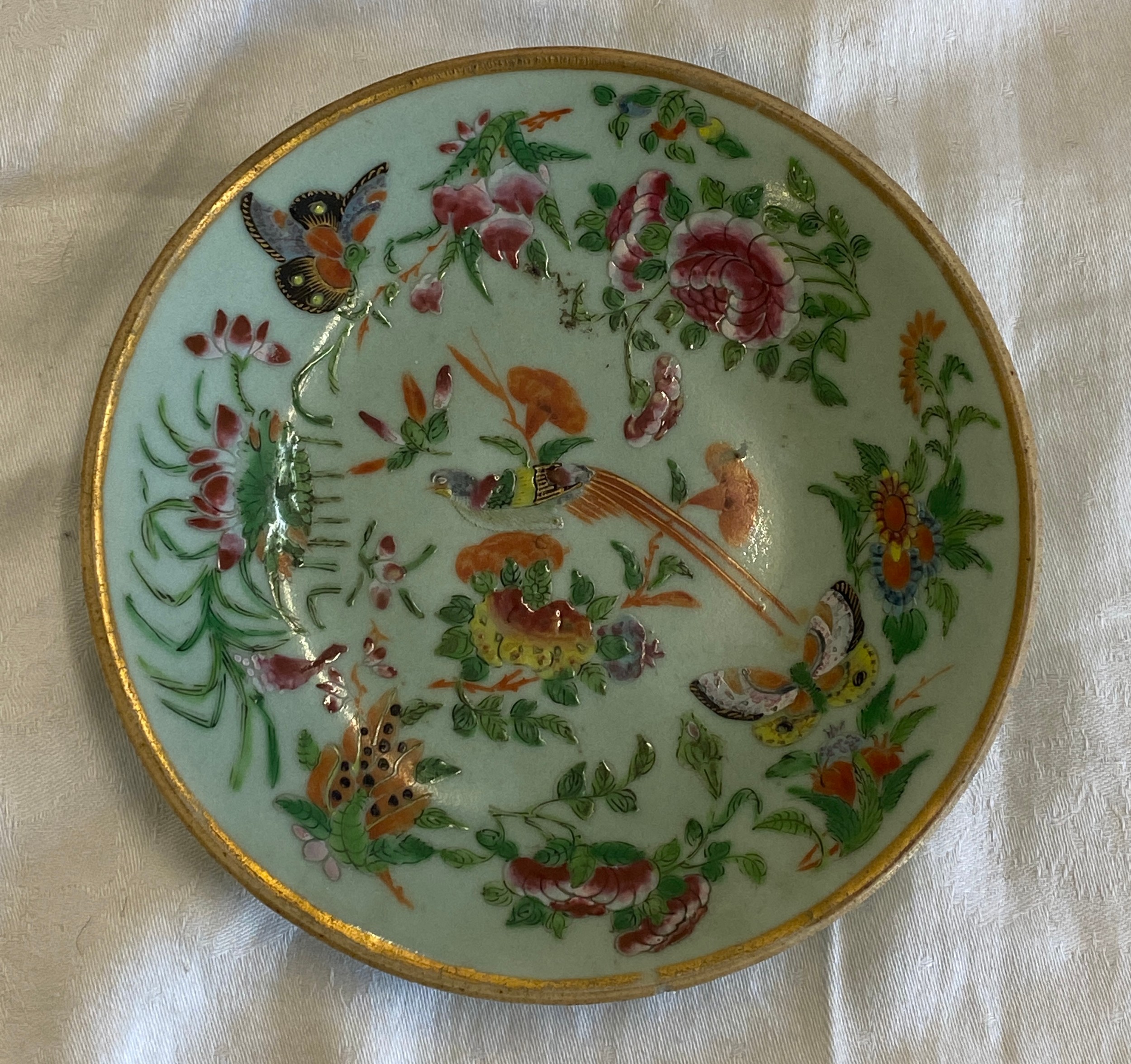 Hand painted Chinese porcelain plate, Celadon famille Rose, marks to base diameter approx 7.5