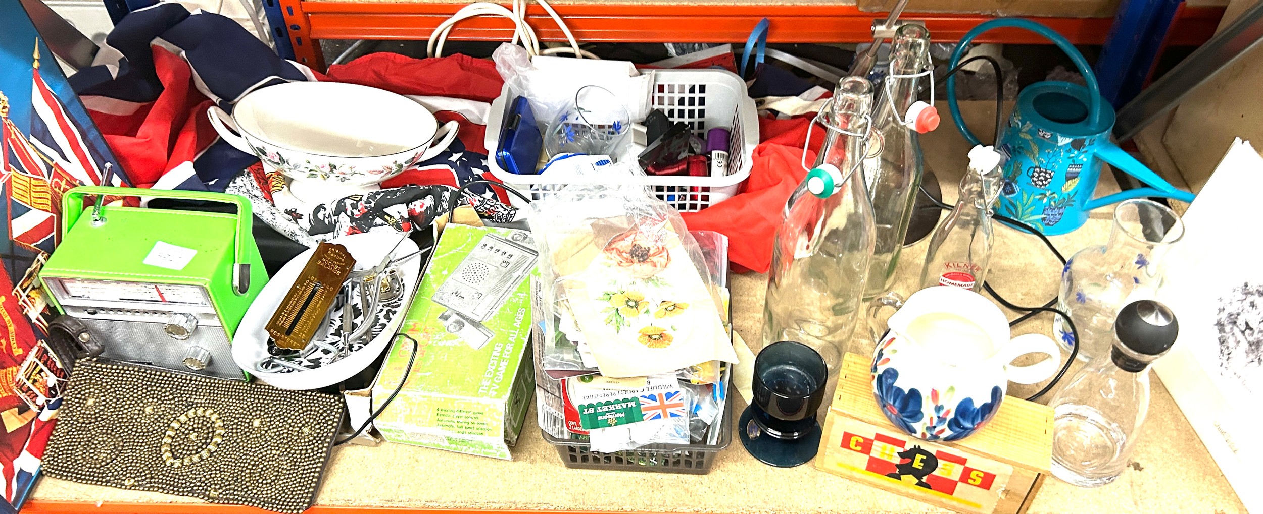 Selection of miscellaneous to include radio, torches, glass bottles, flag etc