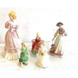 Selection of 5 vintage lady figures includes Royal Doulton Bridesmaid etc