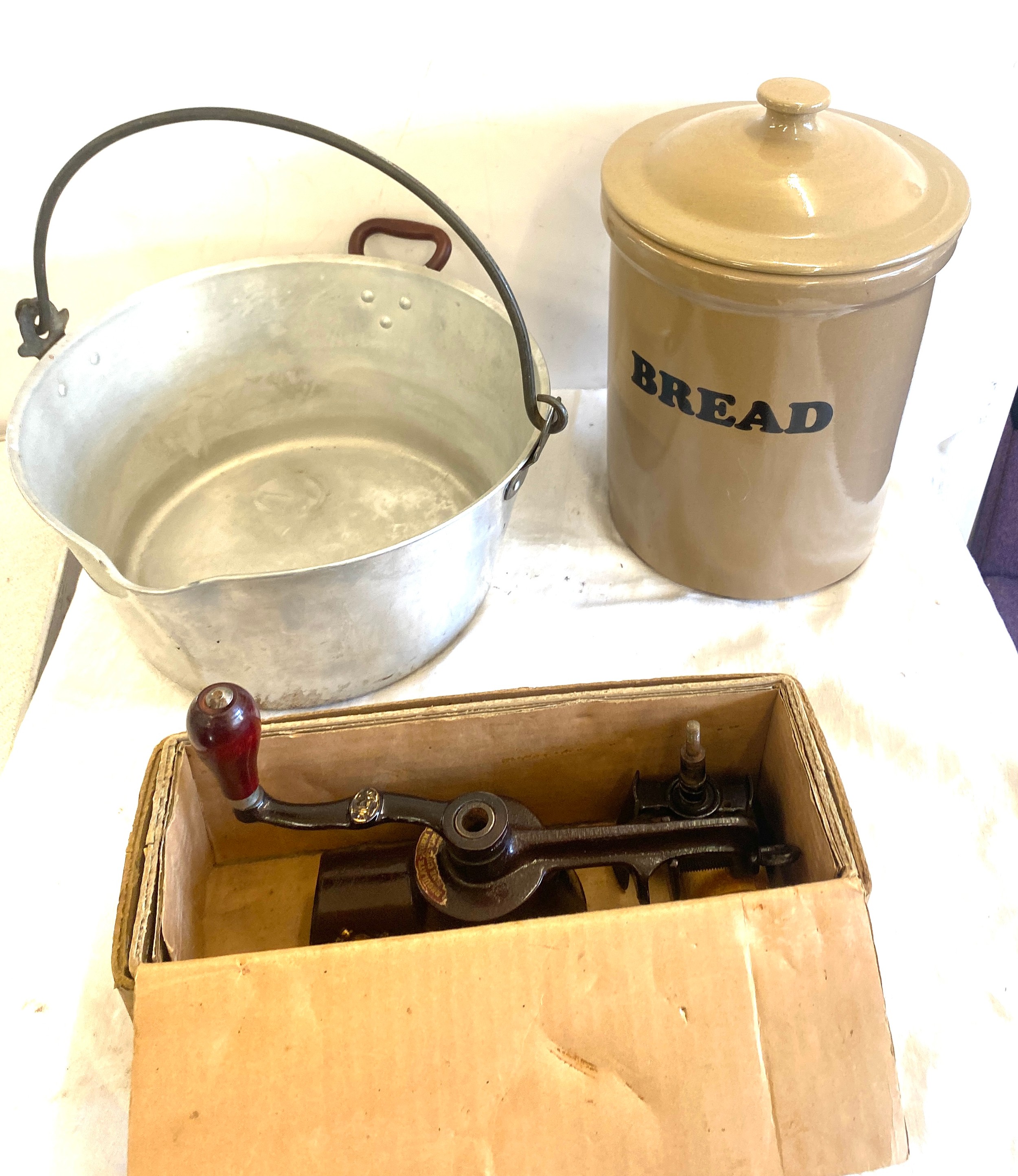 Stainless Steel jam pan, British made mincer, pottery bread bin