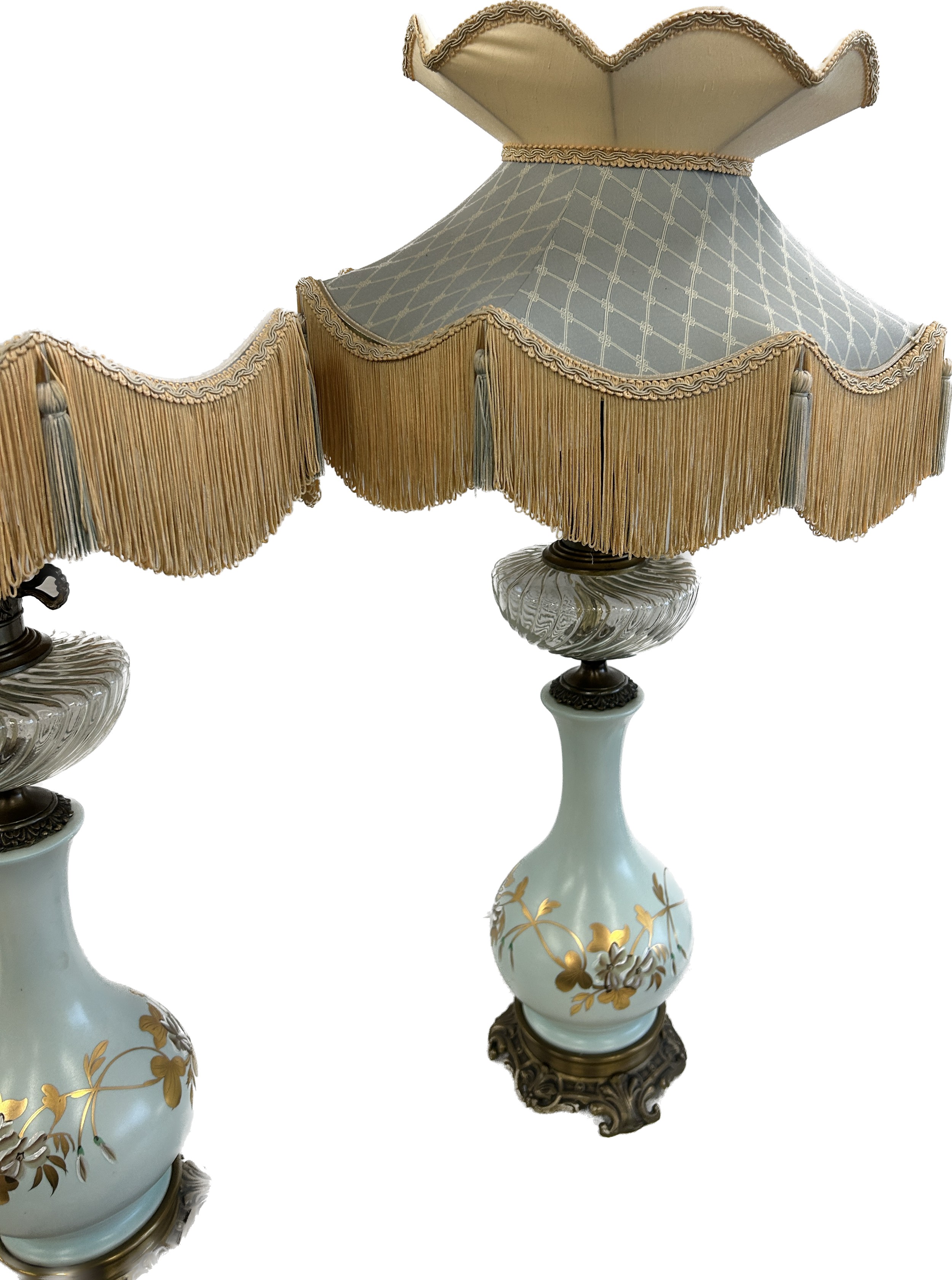 Pair vintage tall table lamps, converted from oil with matching shades, overall approximate height - Image 3 of 4