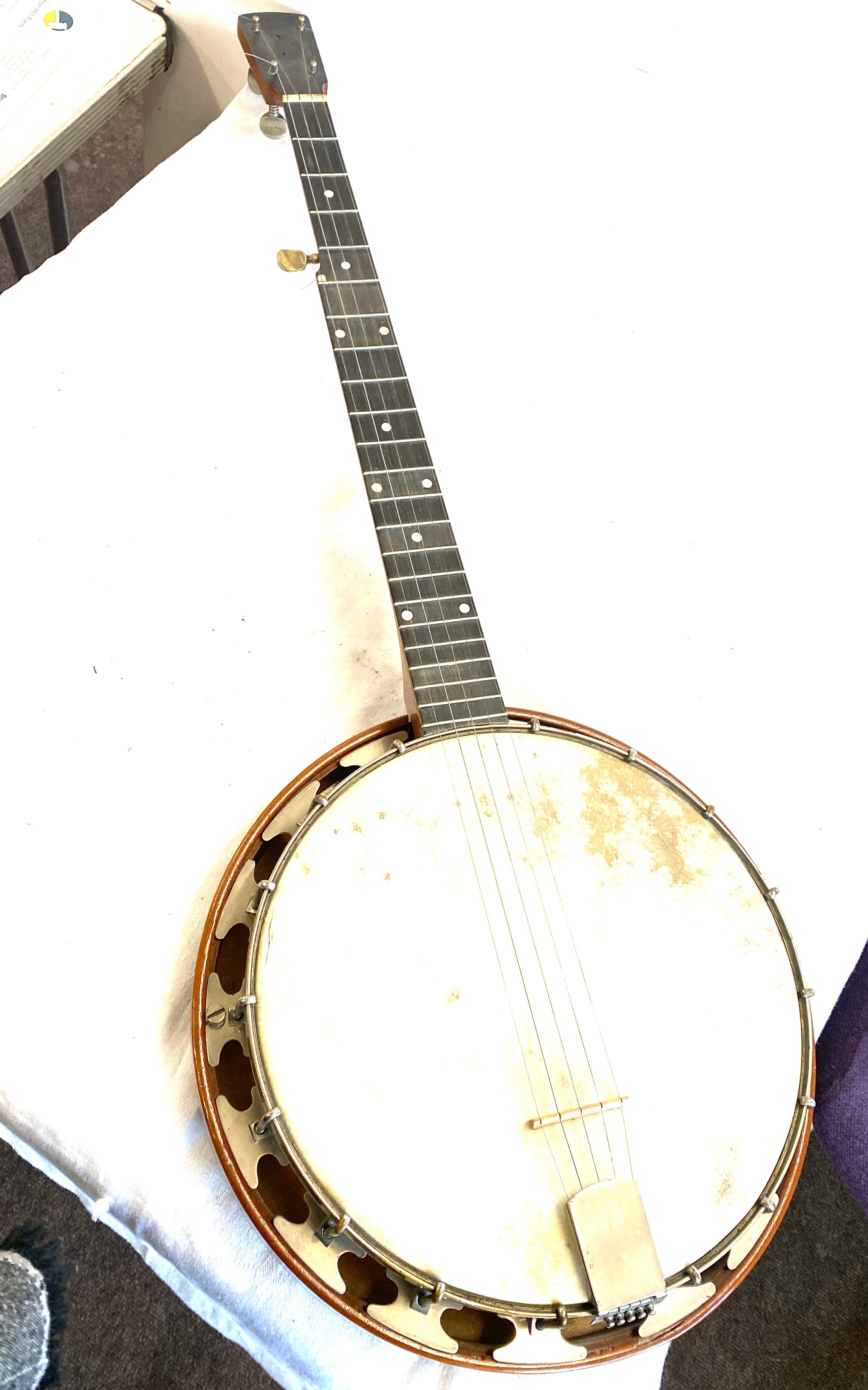 Vintage 4 string banjo musical instrument with hard case, with banjo sheet music - Image 4 of 5