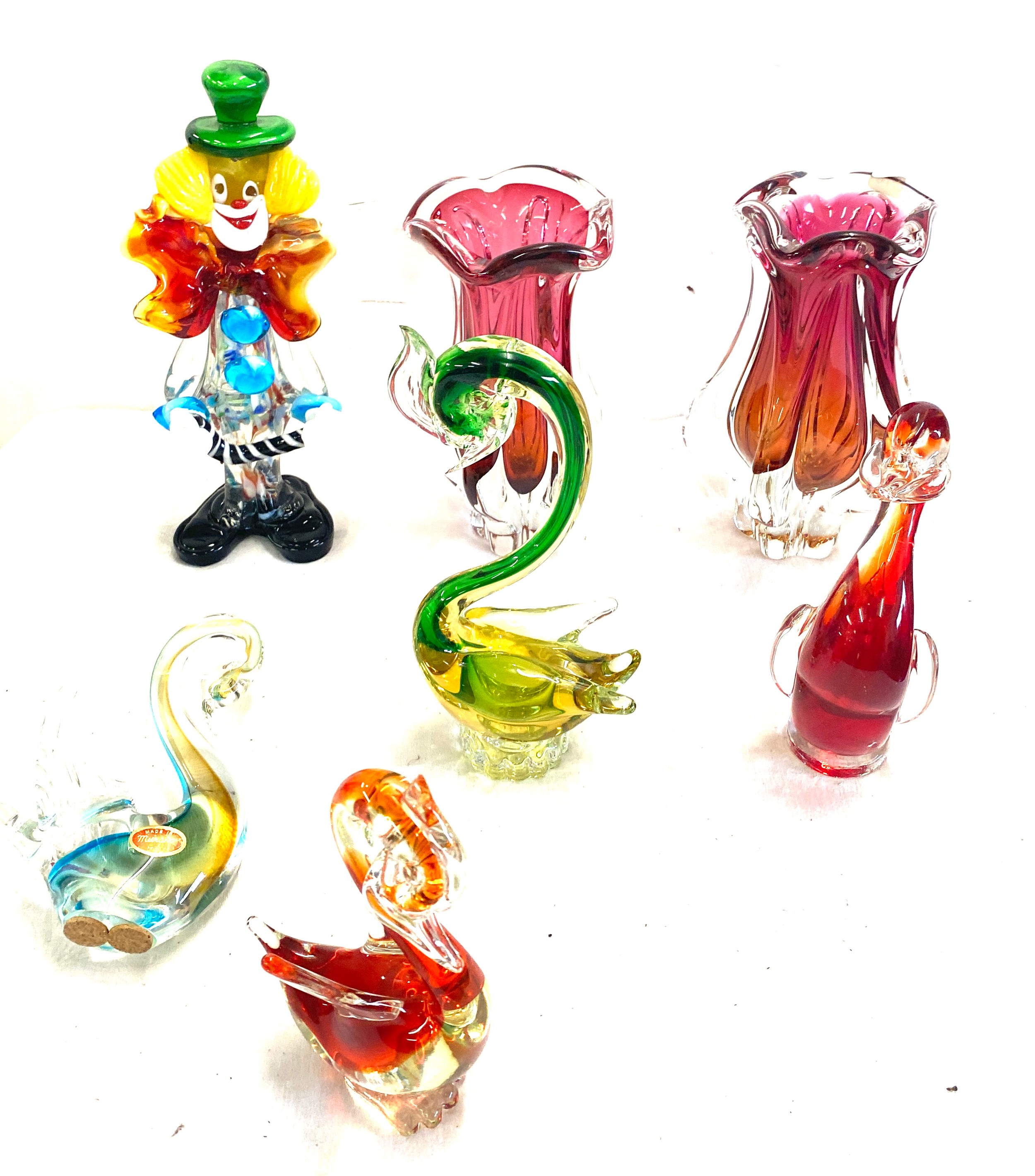 Selection of coloured Murano glass to include swan figures, a clown, vases etc, Some damage to - Image 12 of 12