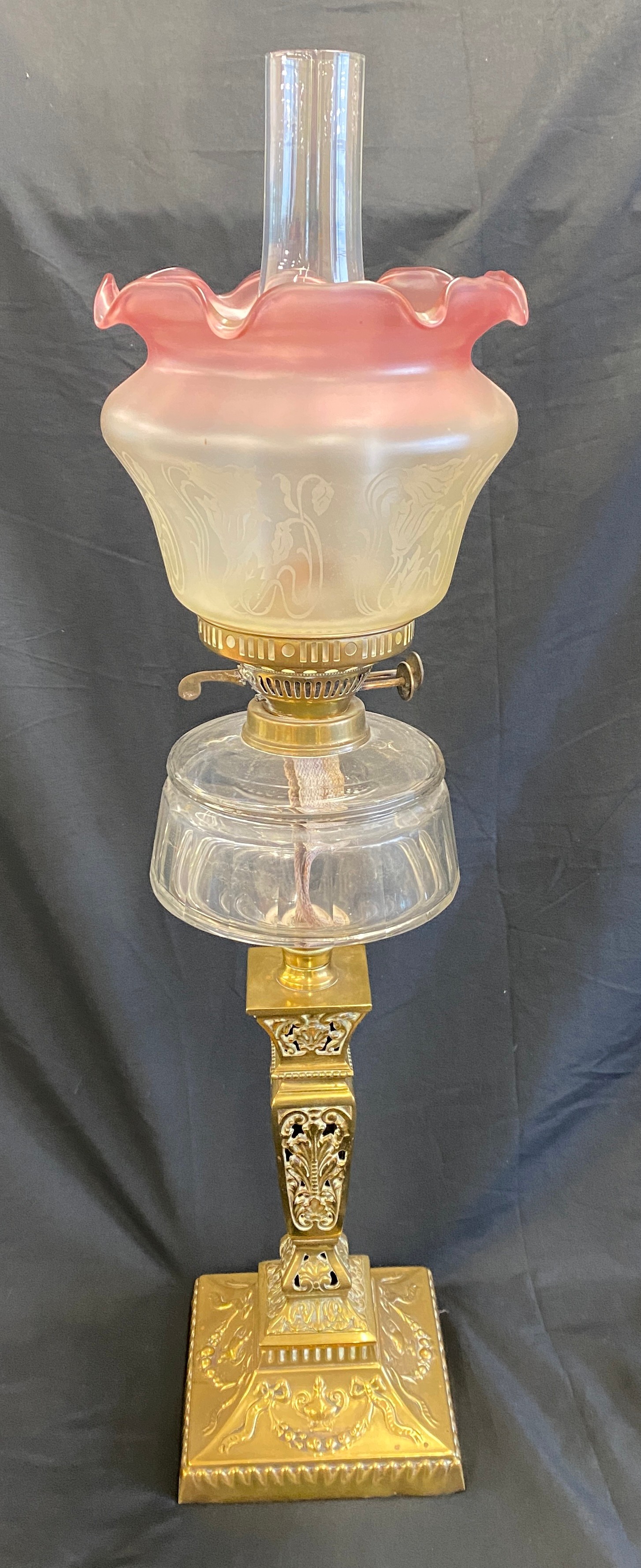 Antique brass oil lamp with shade, with funnel overall height: 30 inches