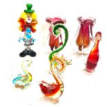 Selection of coloured Murano glass to include swan figures, a clown, vases etc, Some damage to