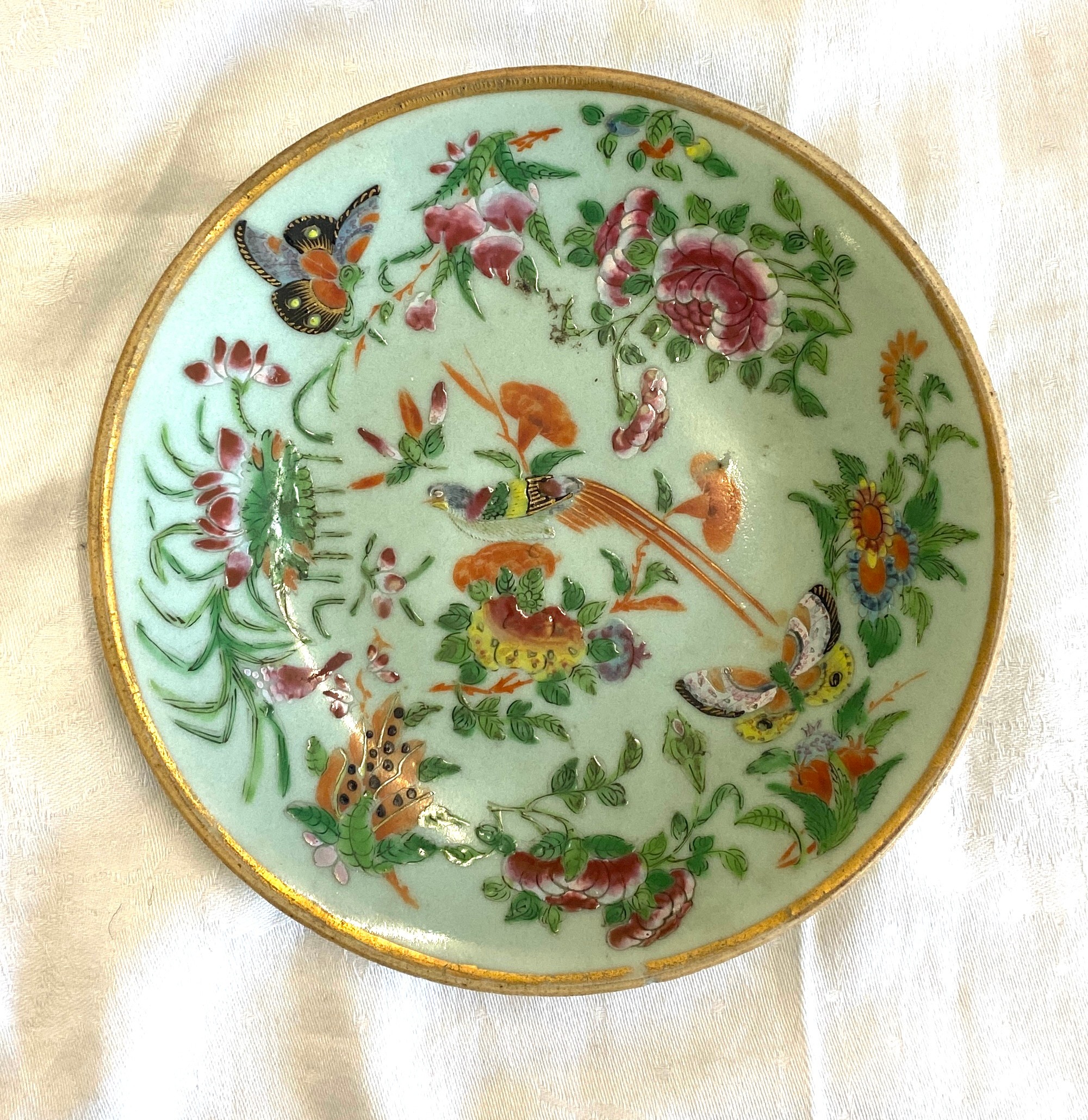 Hand painted Chinese porcelain plate, Celadon famille Rose, marks to base diameter approx 7.5 - Image 4 of 5