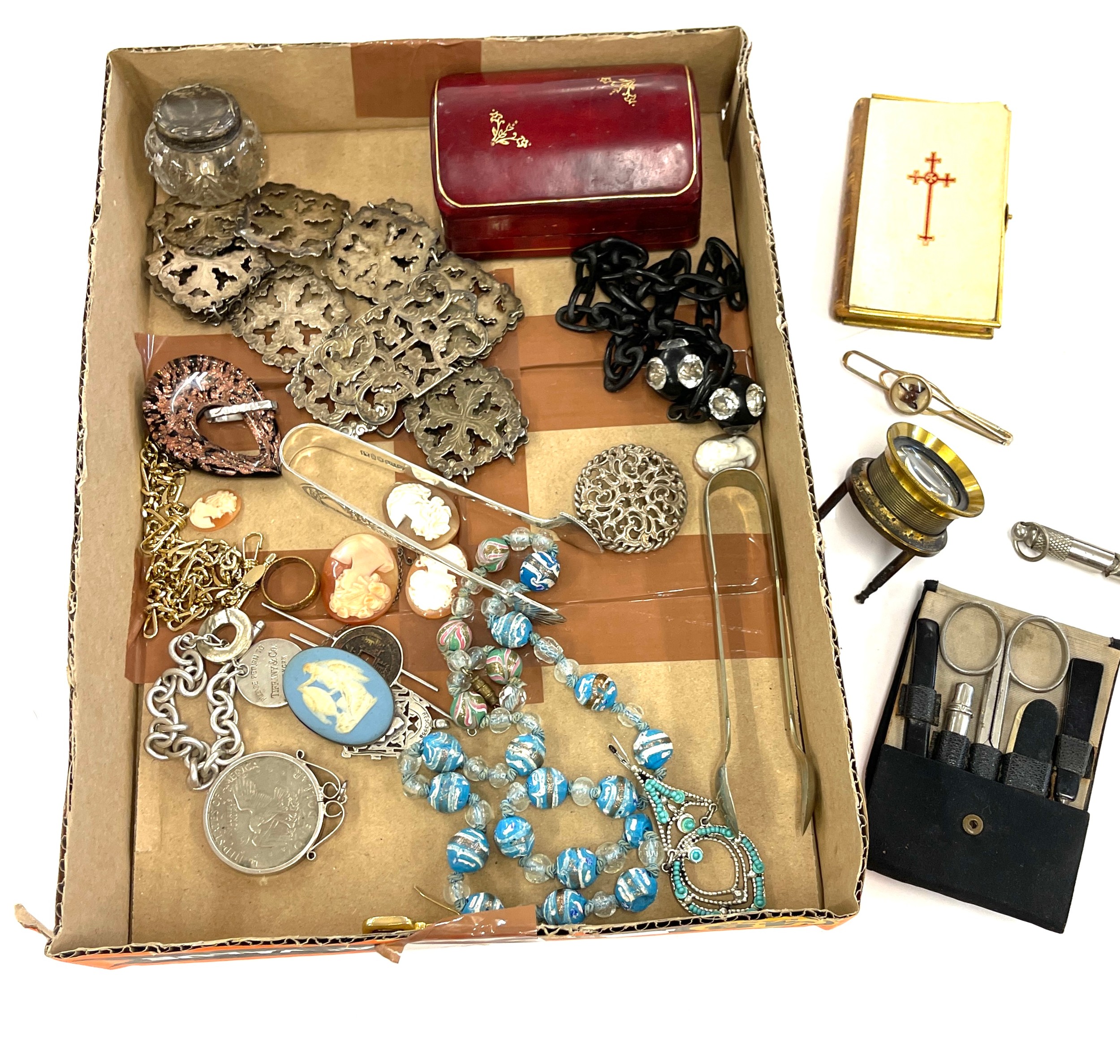 Box of various vintage items to include Bible, nurses belt, costume jewellery etc