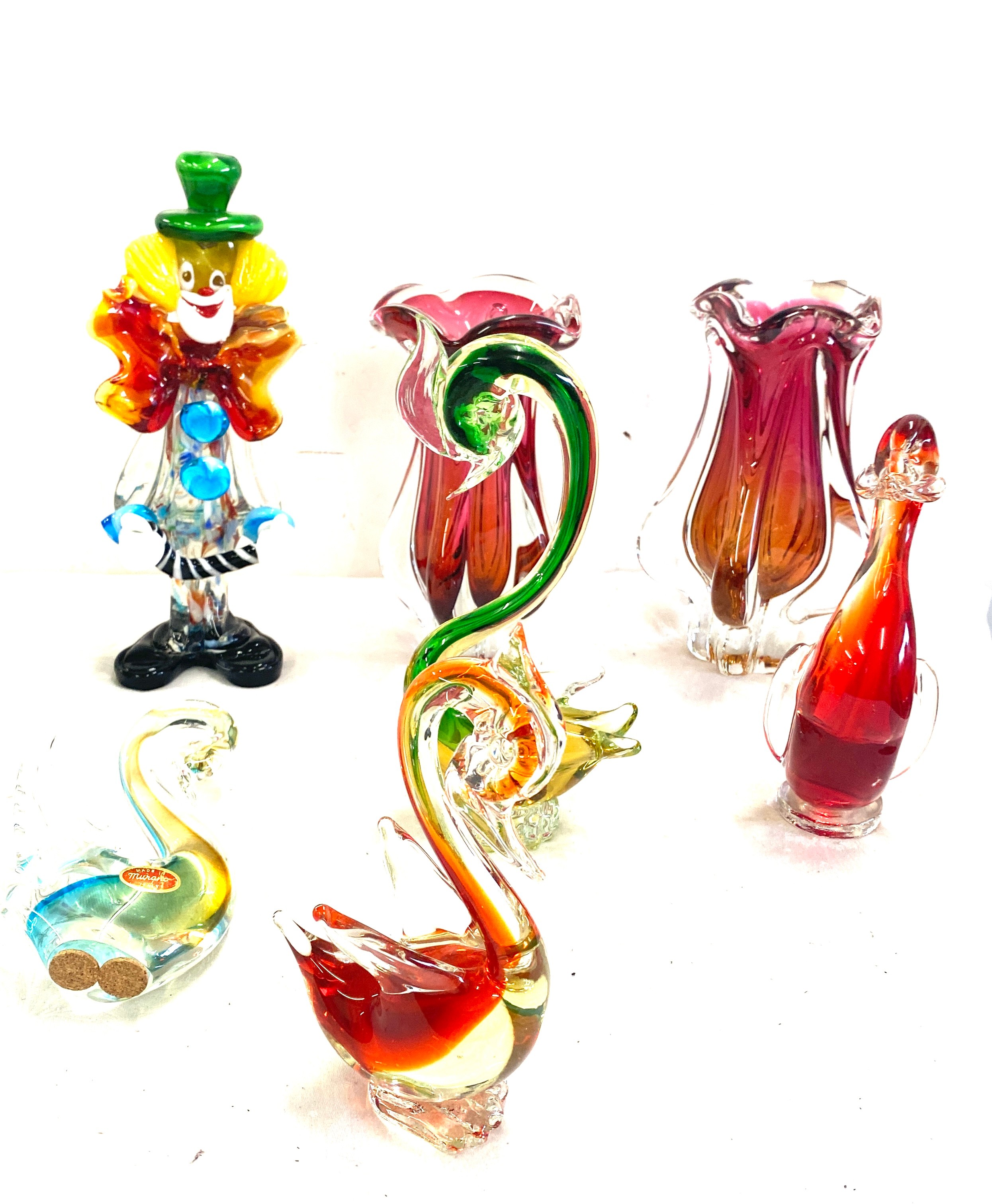 Selection of coloured Murano glass to include swan figures, a clown, vases etc, Some damage to - Image 2 of 12