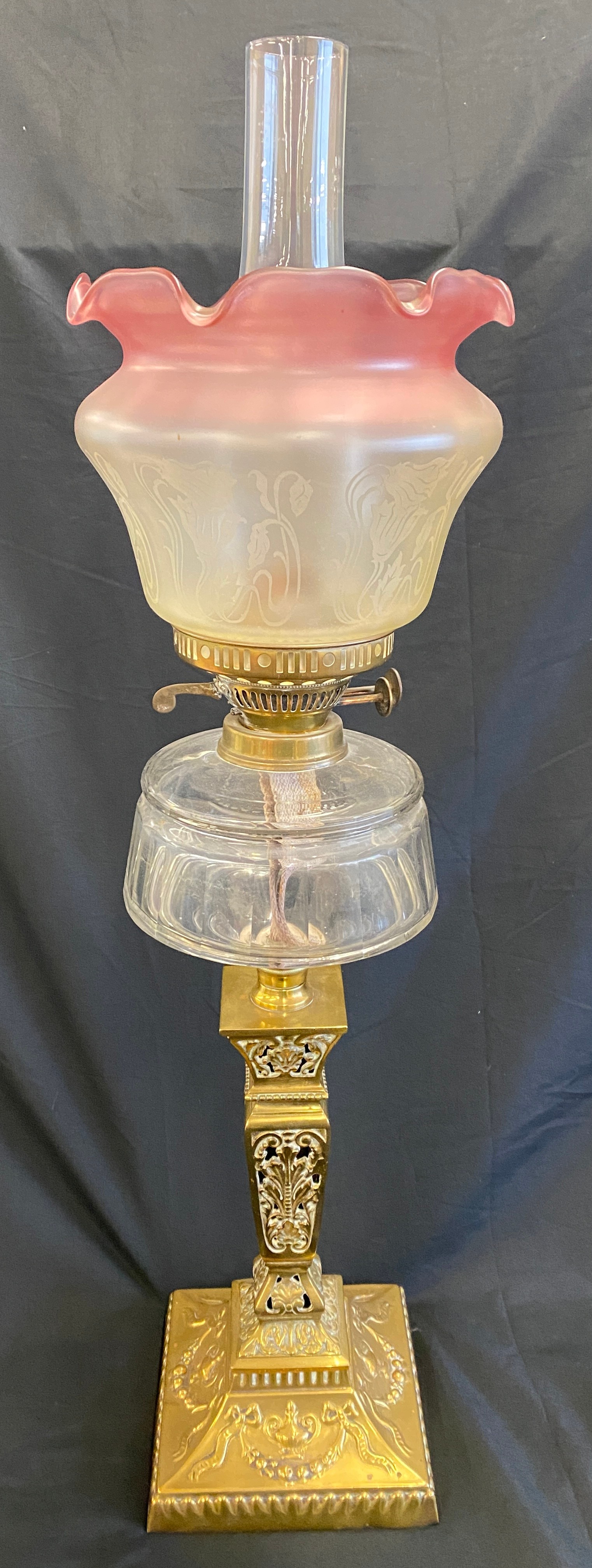 Antique brass oil lamp with shade, with funnel overall height: 30 inches - Image 2 of 5