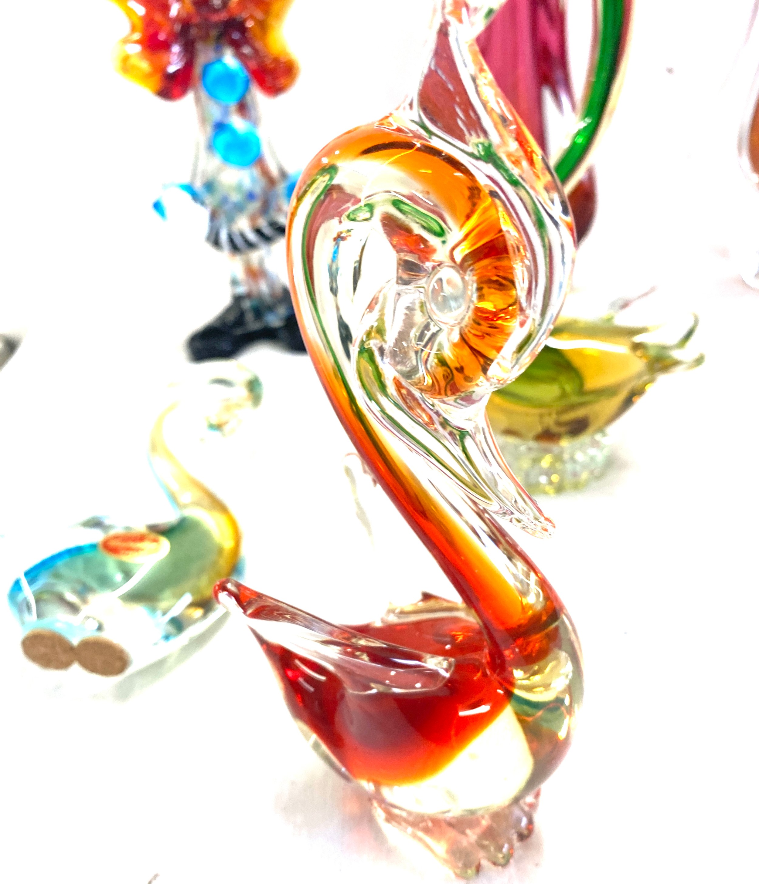 Selection of coloured Murano glass to include swan figures, a clown, vases etc, Some damage to - Image 9 of 12