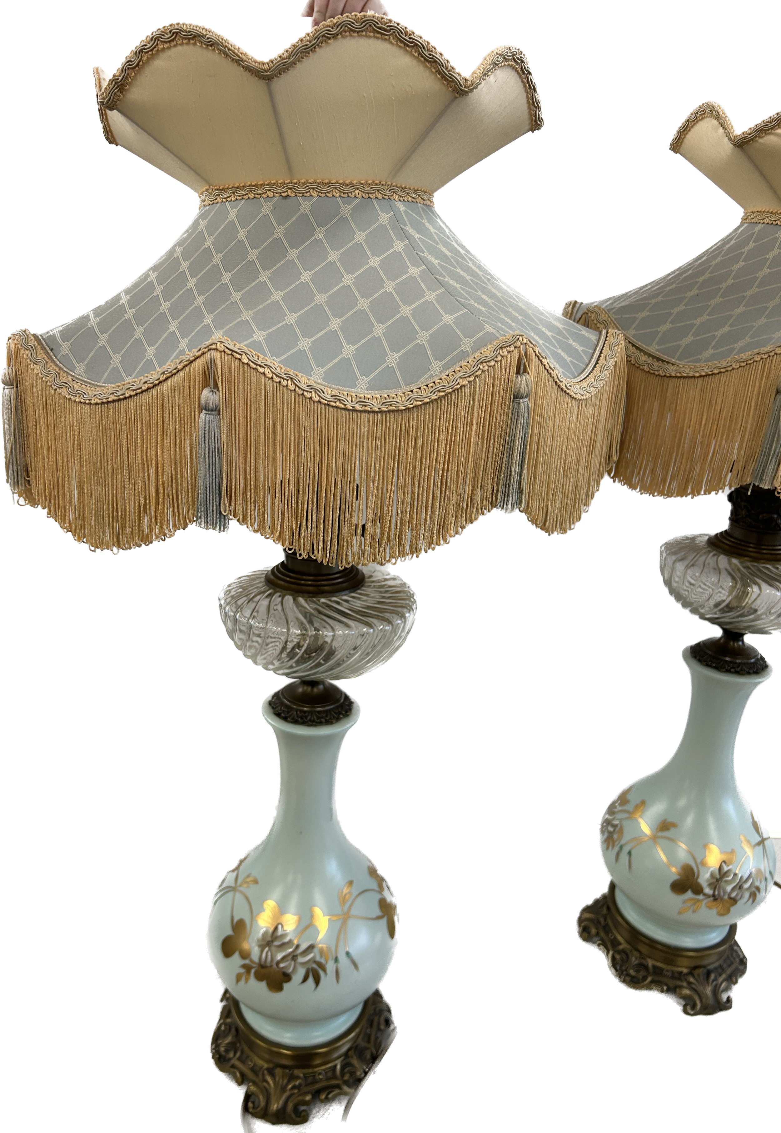 Pair vintage tall table lamps, converted from oil with matching shades, overall approximate height - Image 2 of 4