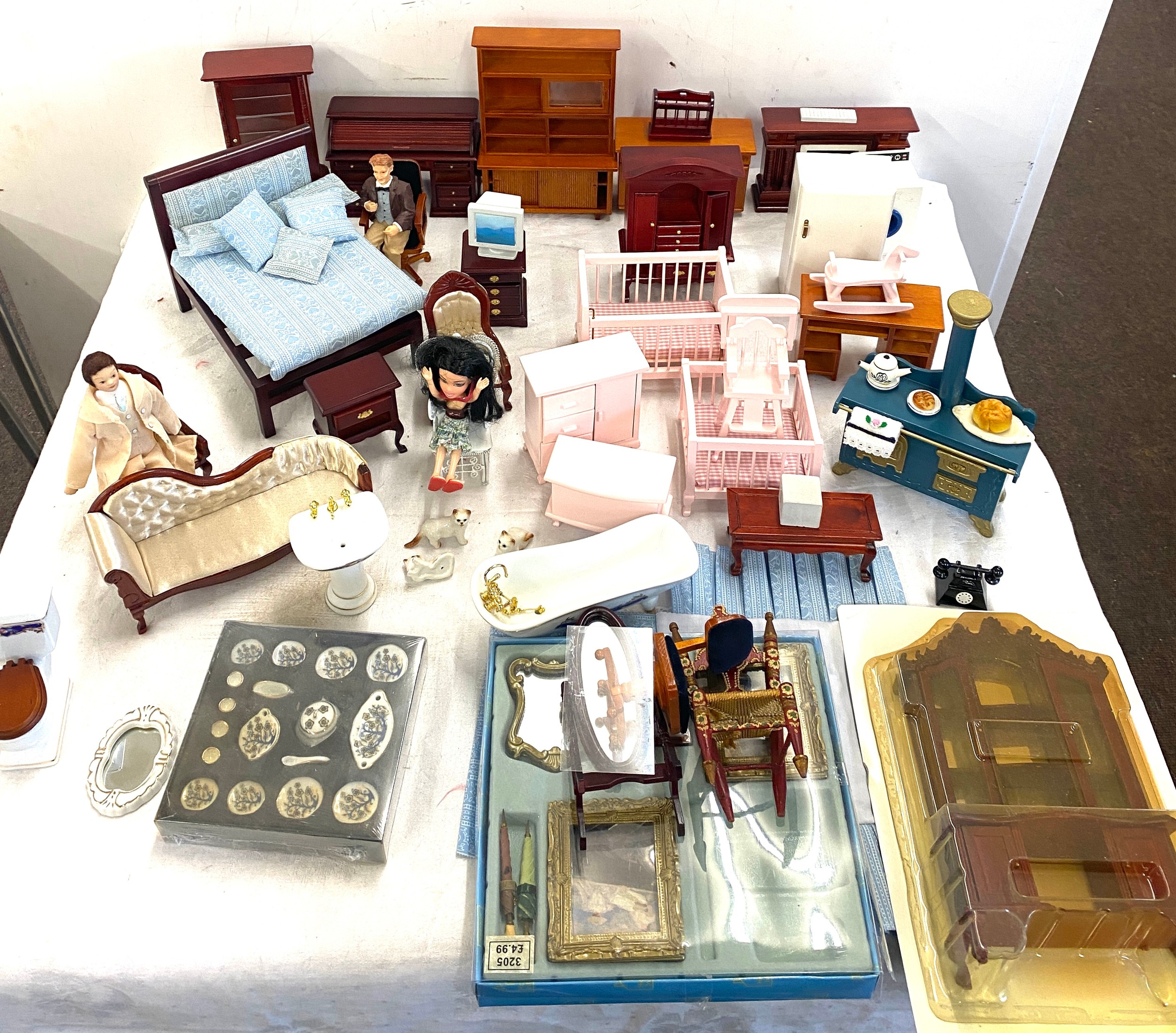 Large selection of vintage and later dolls house furniture includes Bed, Toilet etc