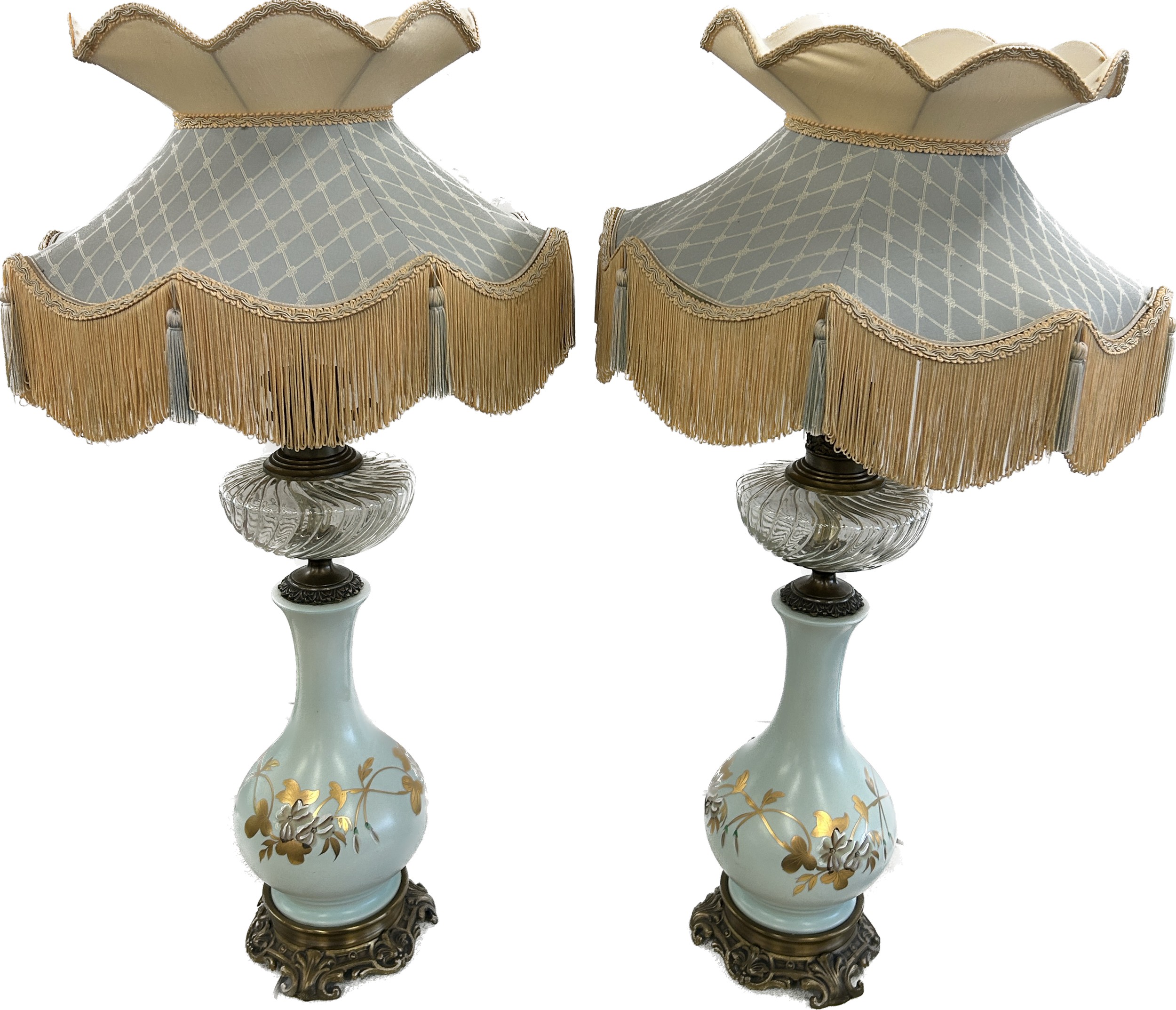 Pair vintage tall table lamps, converted from oil with matching shades, overall approximate height