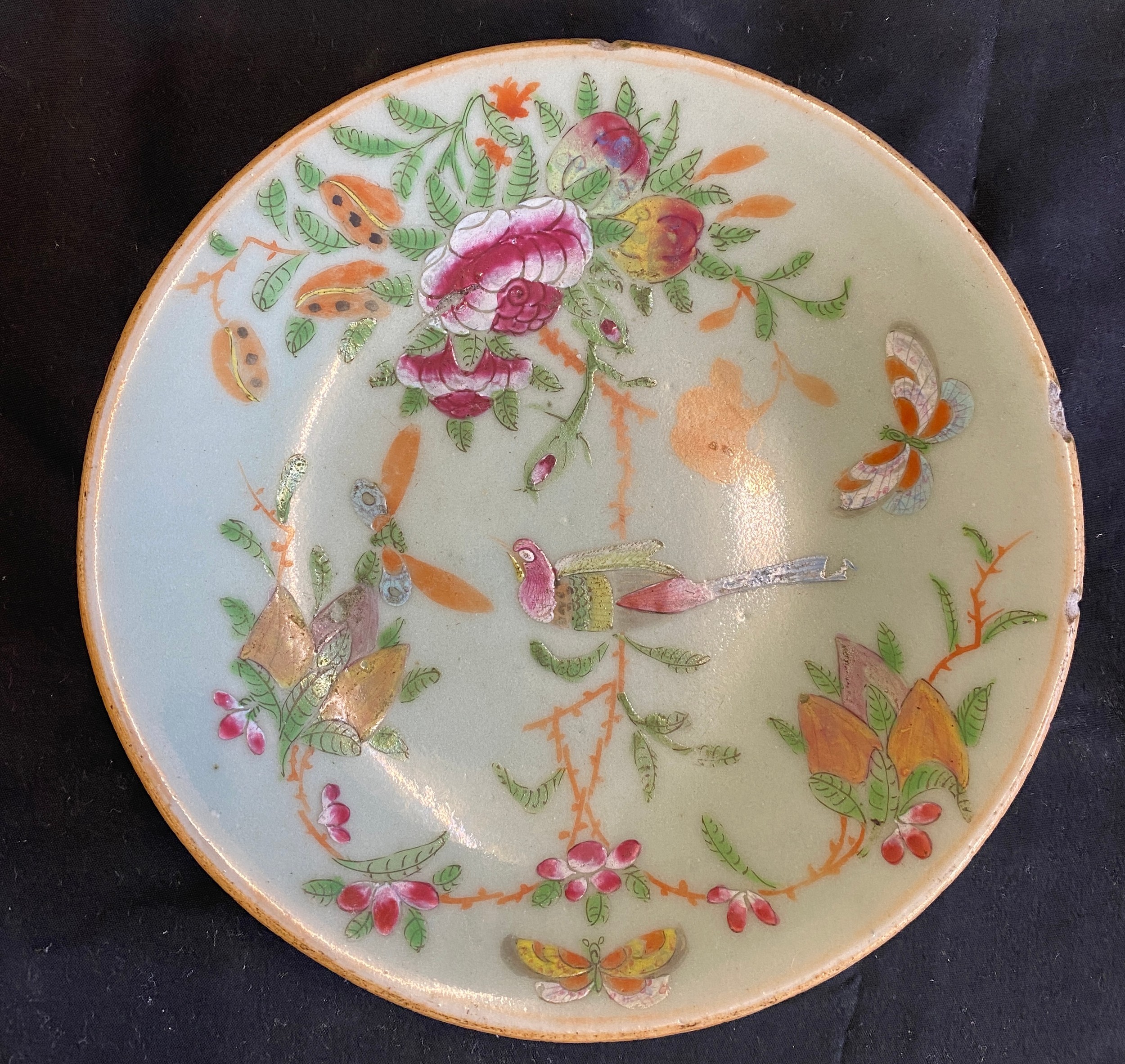 Hand painted Chinese porcelain plate, Celadon famille Rose, marks to base diameter approx 7.5