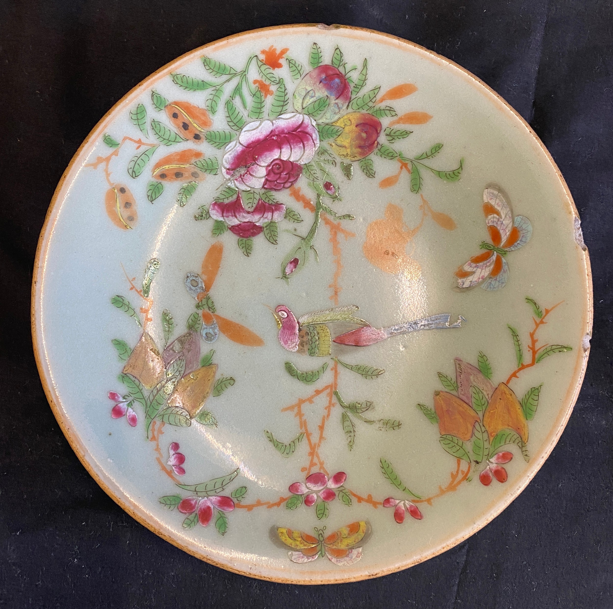 Hand painted Chinese porcelain plate, Celadon famille Rose, marks to base diameter approx 7.5 - Image 4 of 5