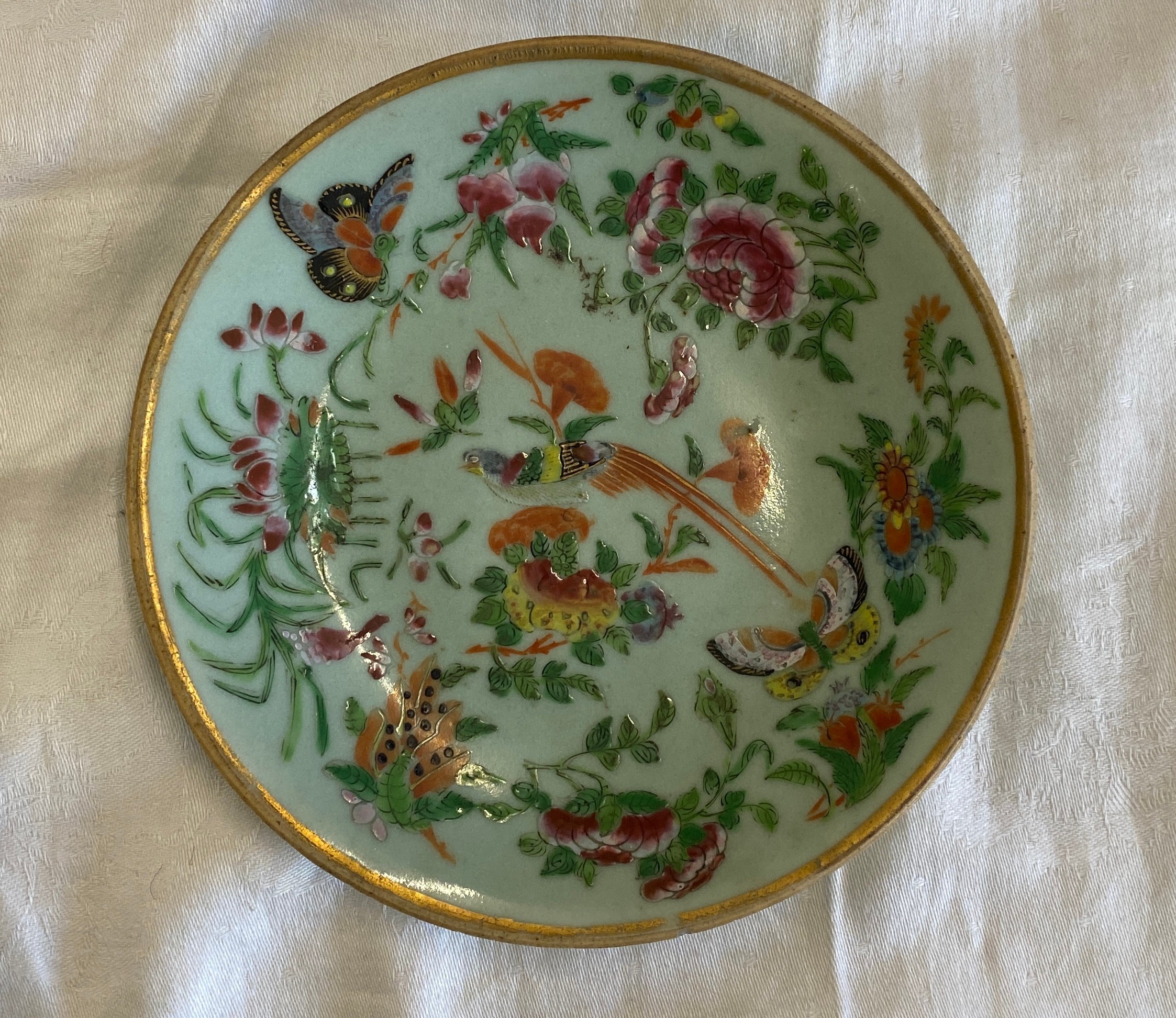 Hand painted Chinese porcelain plate, Celadon famille Rose, marks to base diameter approx 7.5 - Image 3 of 5