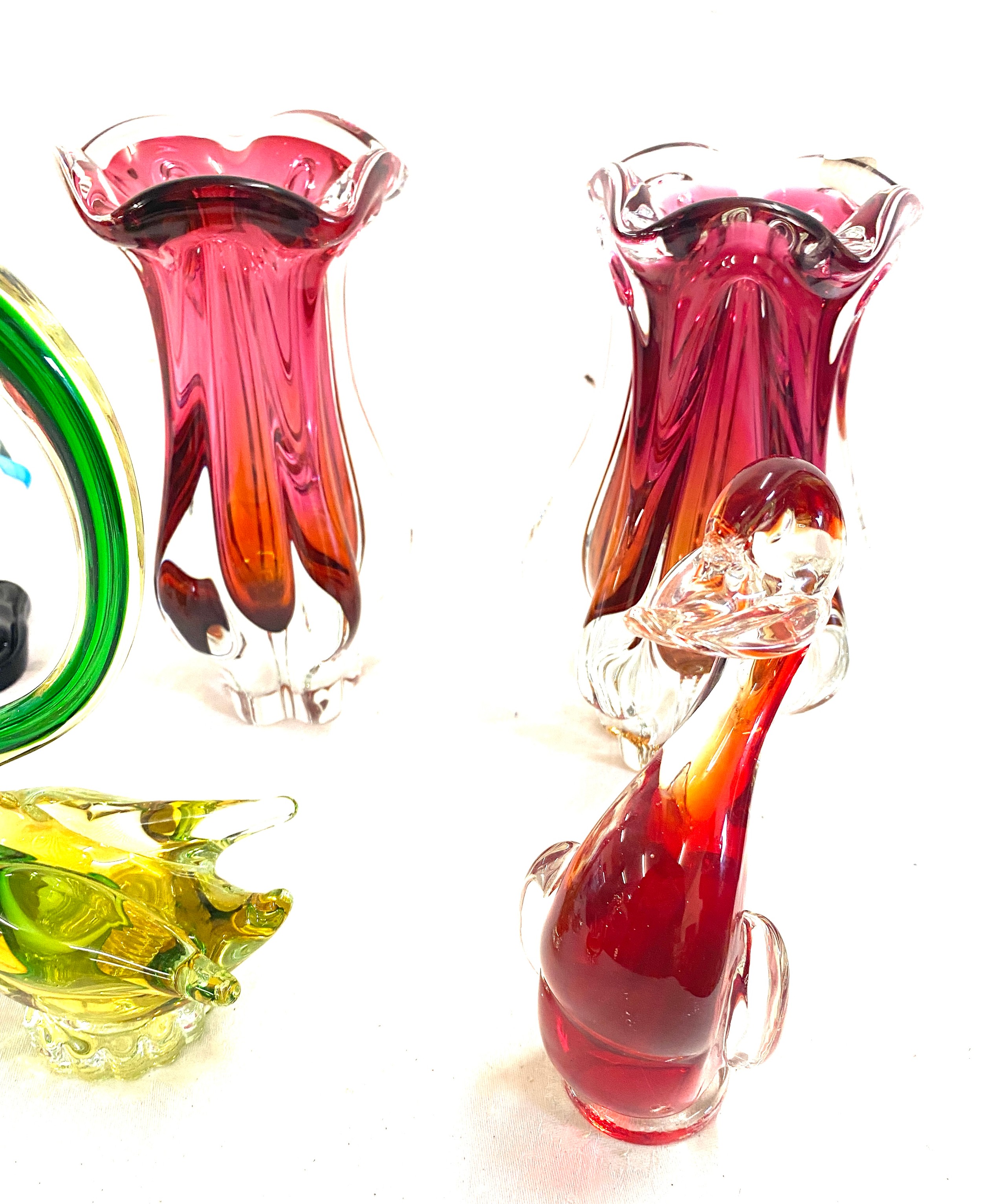 Selection of coloured Murano glass to include swan figures, a clown, vases etc, Some damage to - Image 7 of 12