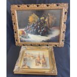 Two gilt framed pictures one oil on board depicting boats at bay signed by Logan and one other