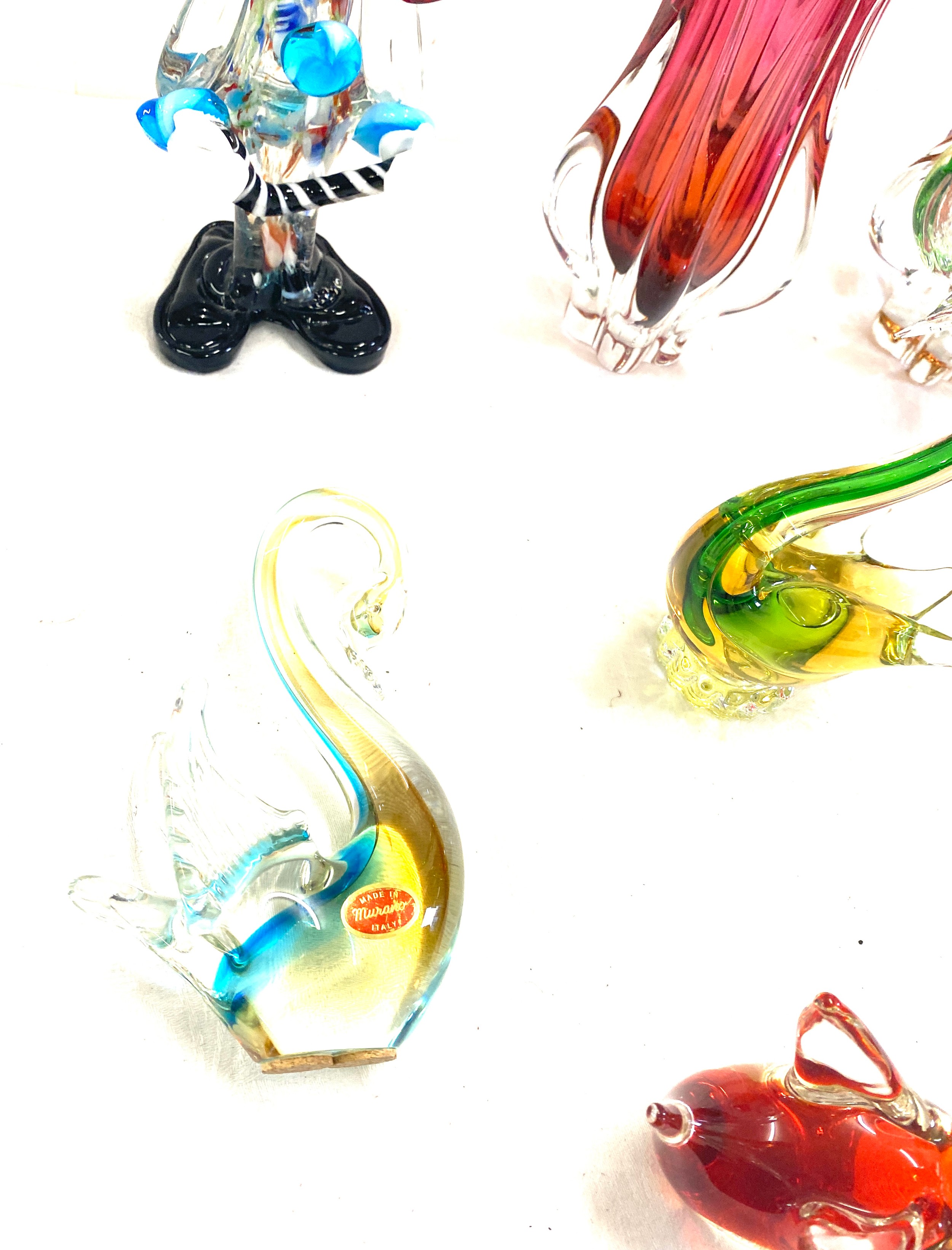 Selection of coloured Murano glass to include swan figures, a clown, vases etc, Some damage to - Image 5 of 12