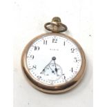 Antique rolled gold elgin open face pocket watch back engraved with locomotive the watch is ticking