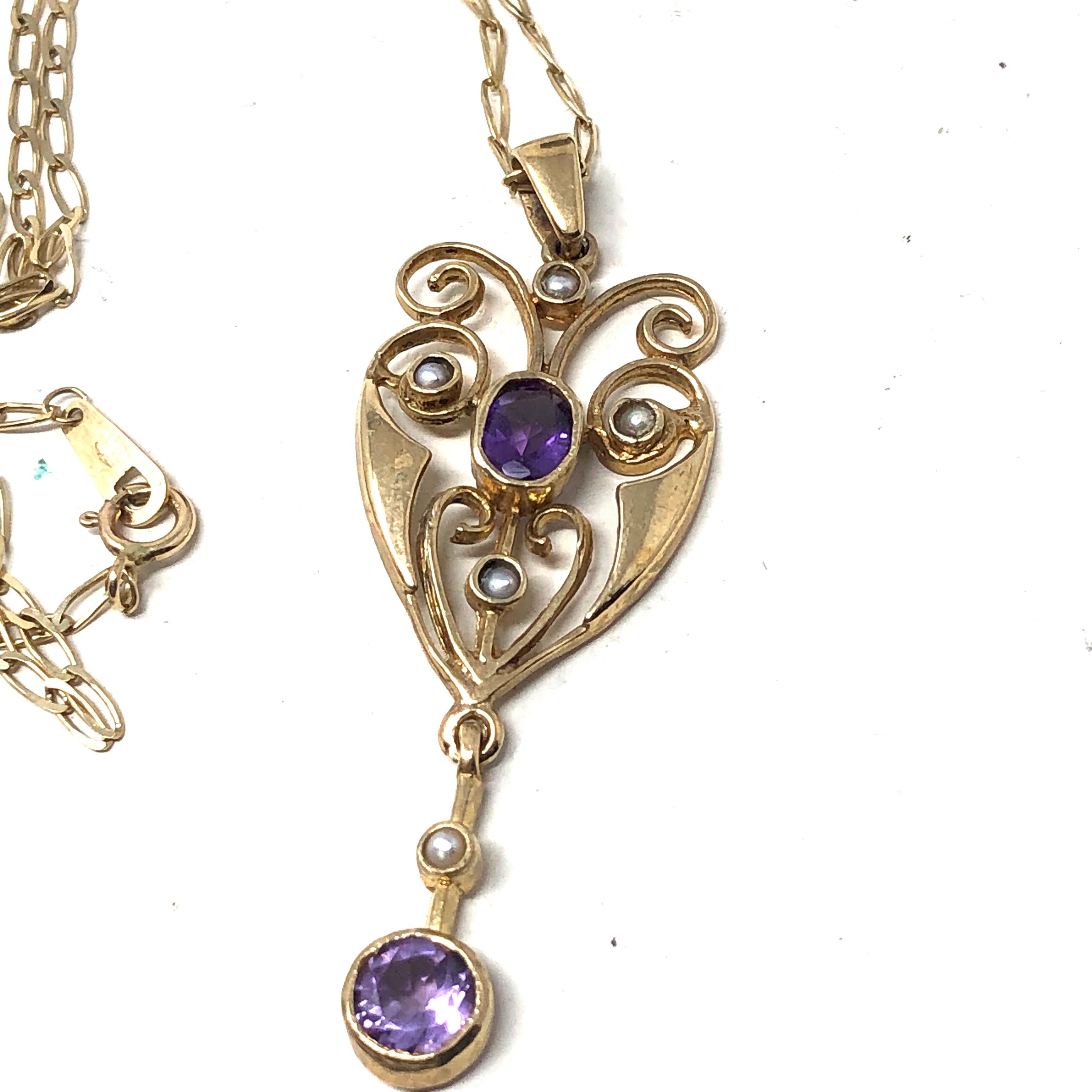 9ct gold amethyst & seed pearl lavalier pendant necklace (2.4g) - Image 2 of 3