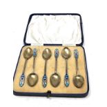 Boxed Art deco silver & enamel tea spoons Birmingham silver hallmarks