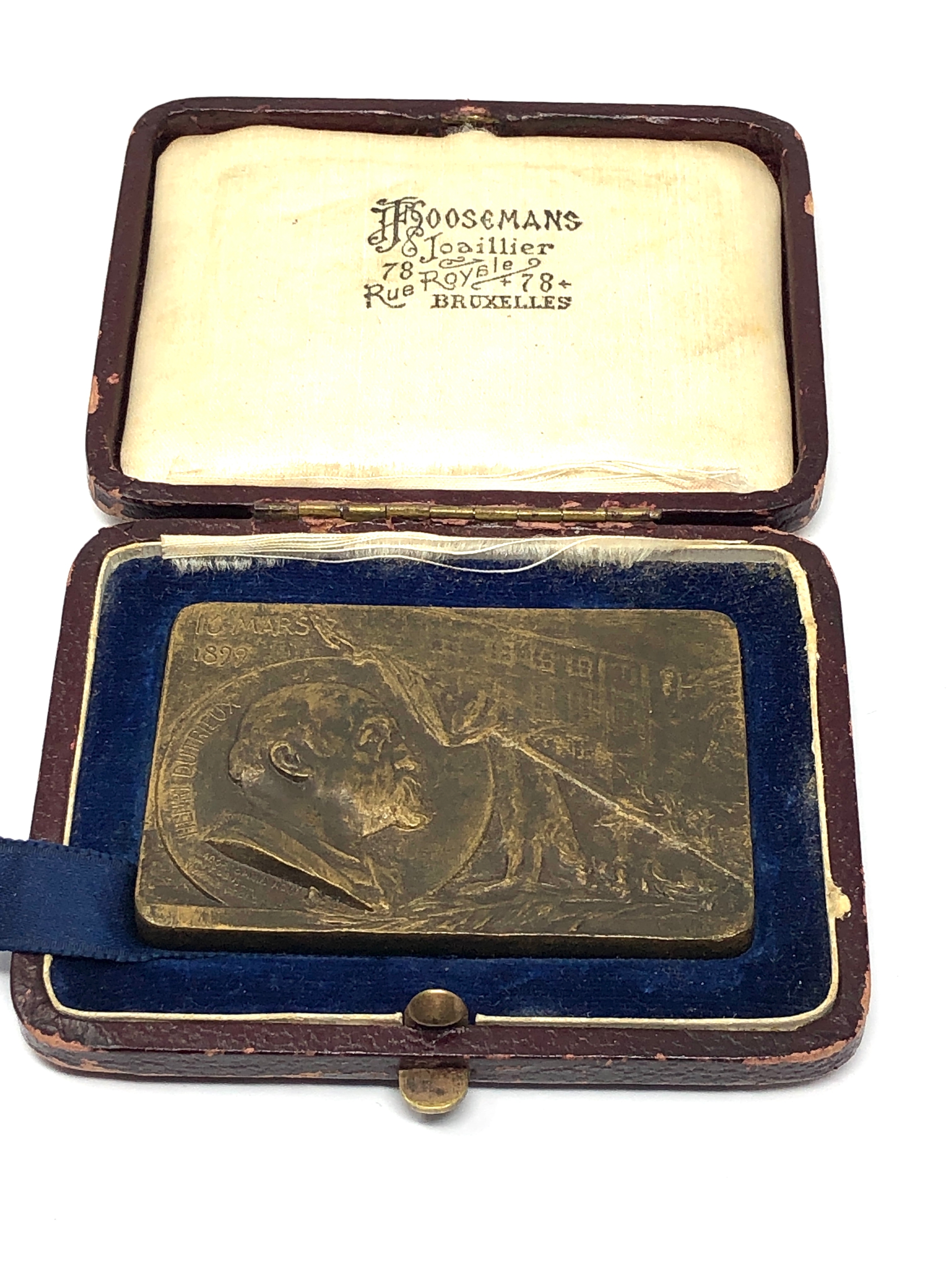 Original 1899 boxed Belgium hainault commercial institute Henri dutrieux bronze medal by Rombaux