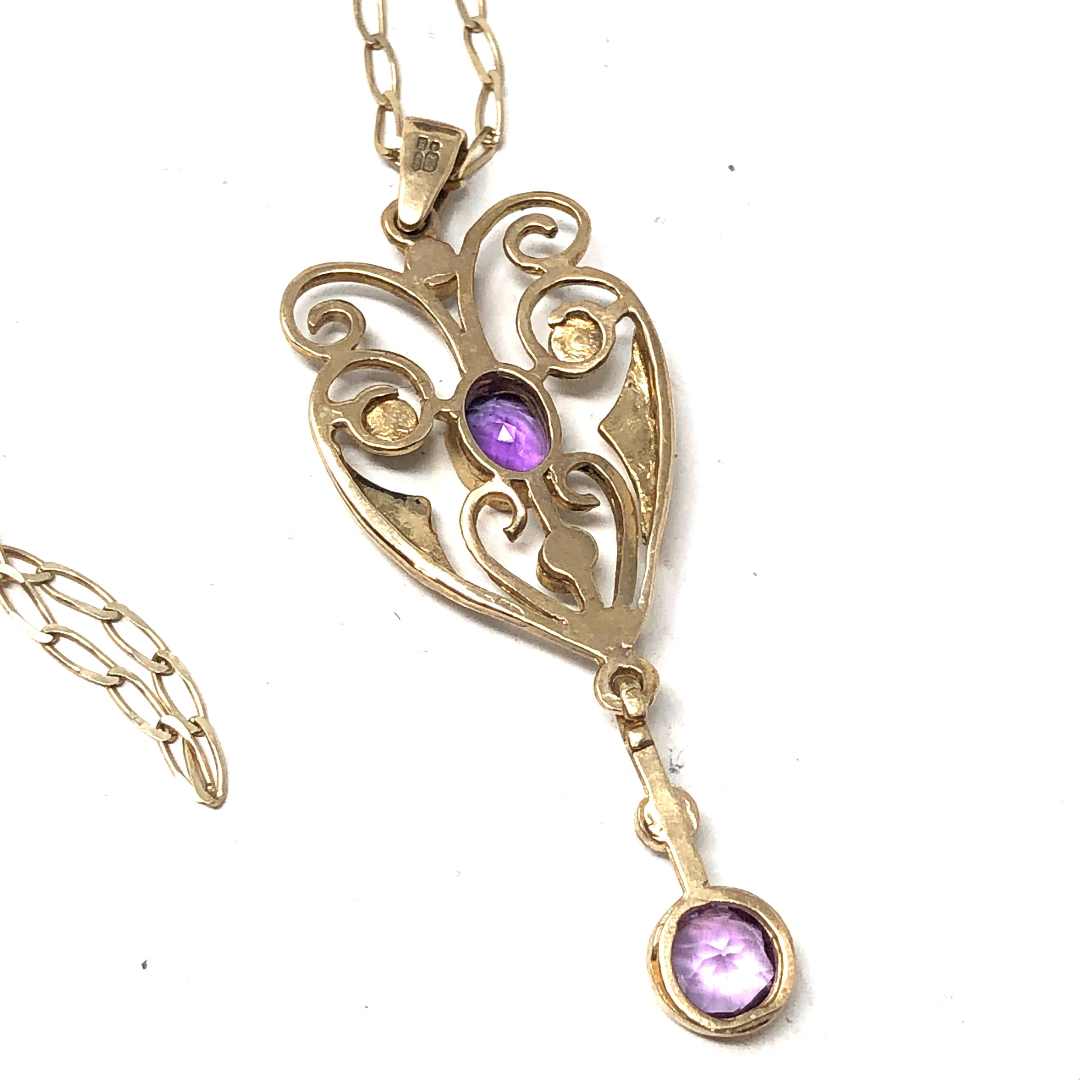 9ct gold amethyst & seed pearl lavalier pendant necklace (2.4g) - Image 3 of 3