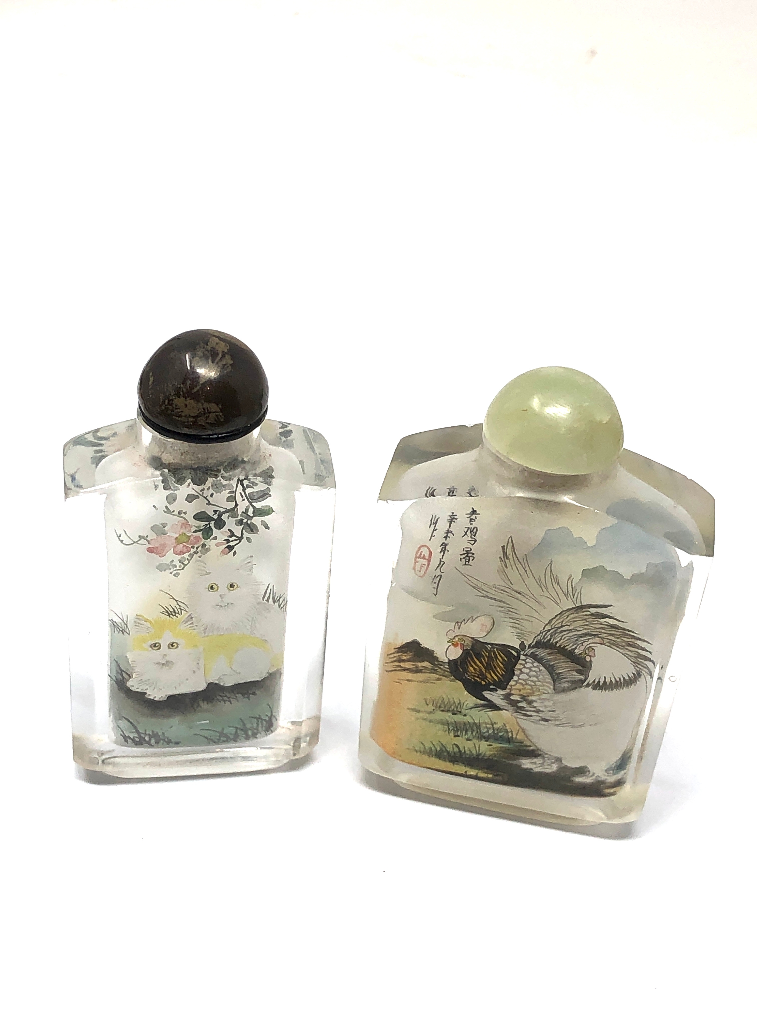 2 Vintage Chinese Inside Reverse Hand Painted Glass Perfume Snuff Bottles