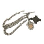 Chunky antique silver double albert pocket watch chain & fob with bronze medal weight approx 60g