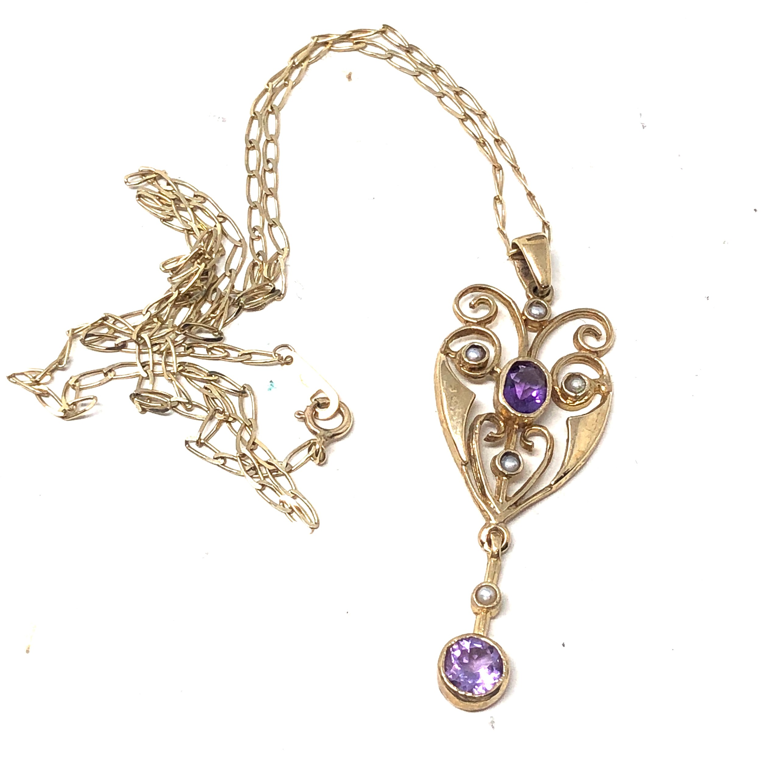 9ct gold amethyst & seed pearl lavalier pendant necklace (2.4g)