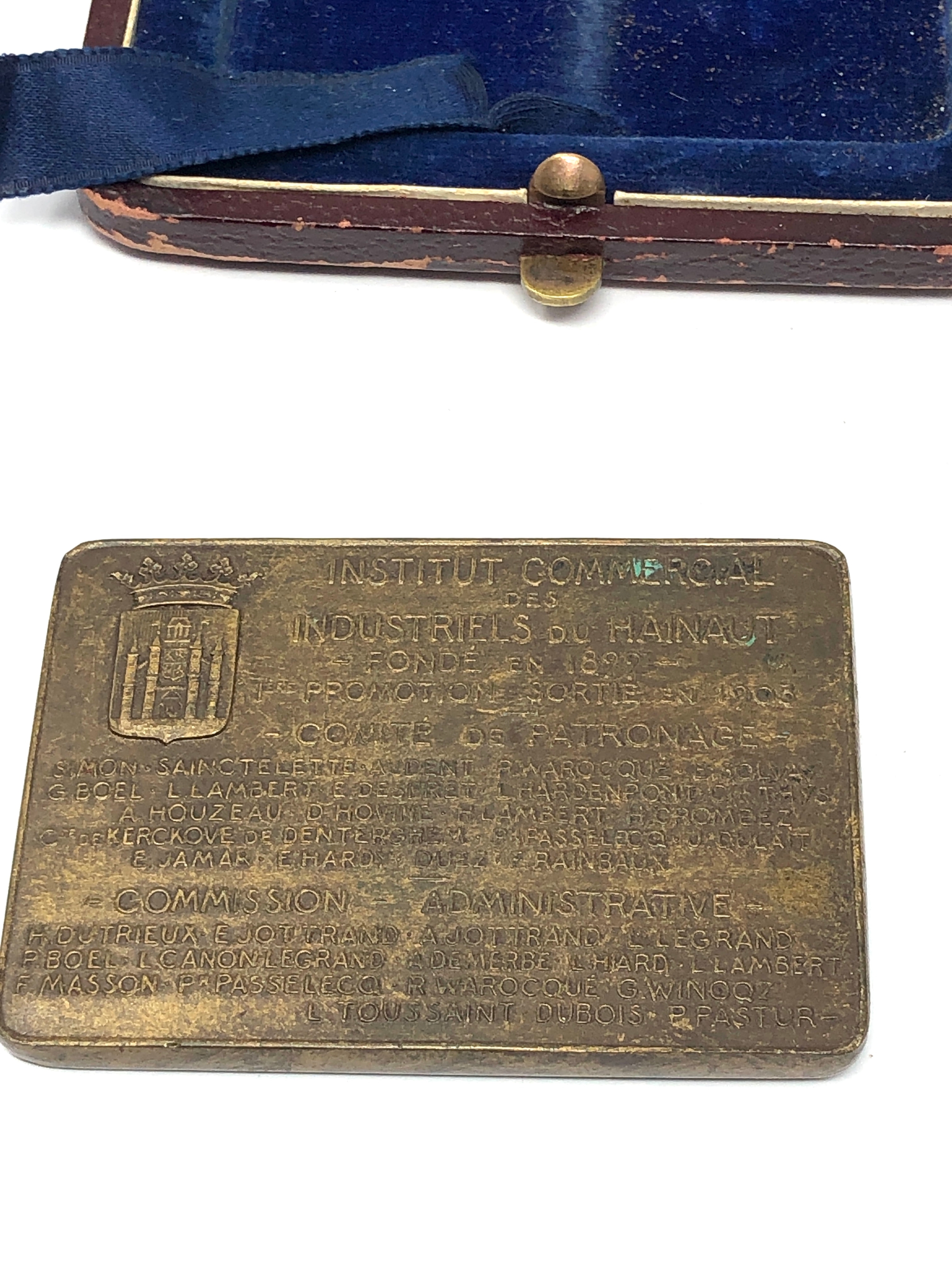 Original 1899 boxed Belgium hainault commercial institute Henri dutrieux bronze medal by Rombaux - Image 4 of 5