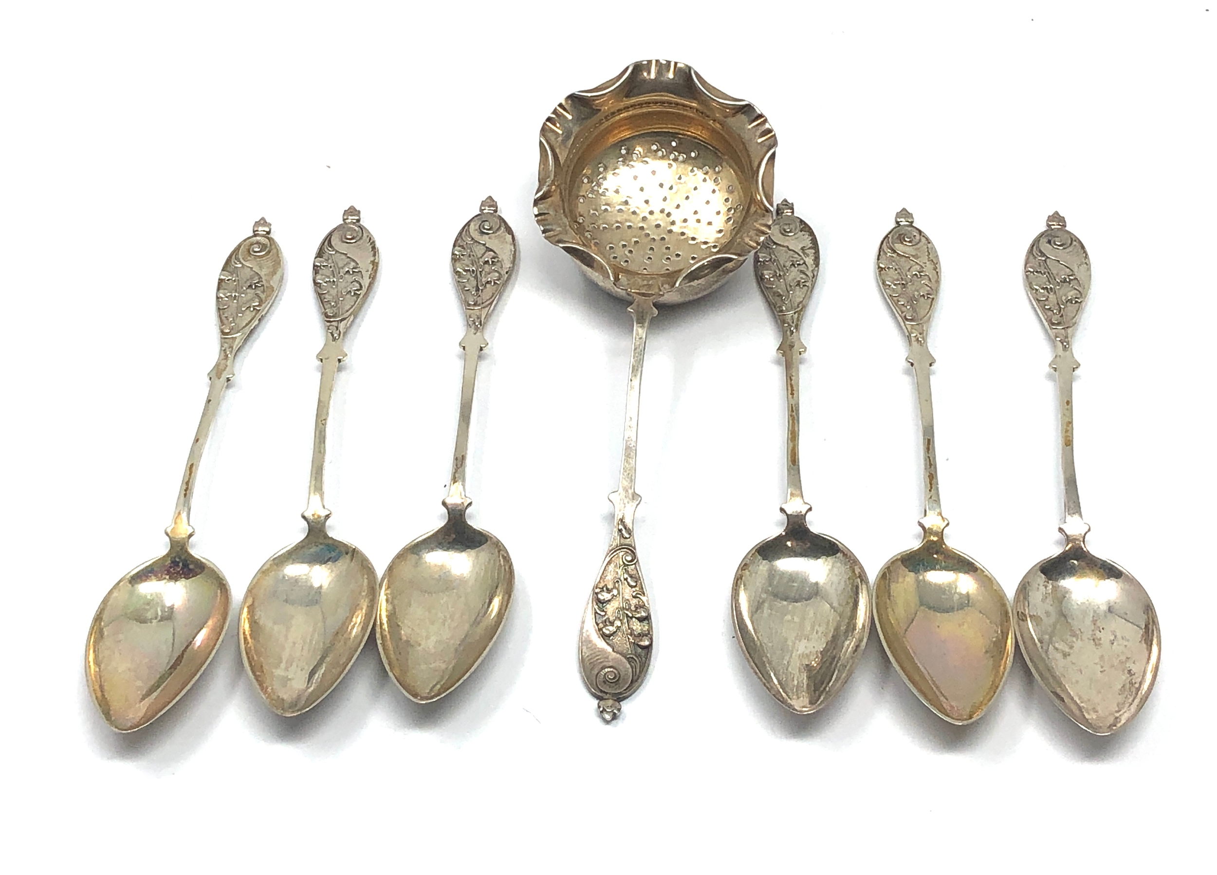 6 antique continental silver tea spoons & strainer