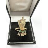 Fine large gold rose diamond emerald & ruby pointing finger hand ring hand measures approx 3.2cm