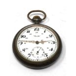 Antique open face pocket watch fancy gold hands gun metal case the watch is ticking