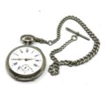 Antique silver pocket watch & silver albert chain the watch is ticking fancy gold hands