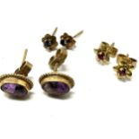 3 x 9ct gold paired gemstone stud earrings inc. amethyst, sapphire & ruby (2.1g)