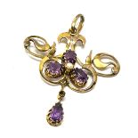 9ct gold antique amethyst & pearl lavalier pendant missing small pearl (2.6g)