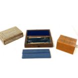 Selection of miscellaneous includes compass set, cut throat razors, inlaid box etc