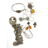 Selection of silver jewellery includes scottish silver brooch, amber set jewellery includes a