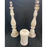 Pair of marble effect table lamps and a marble style lidded jar