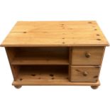 Pine two drawer one shelf tv cabinet measures approx 21.5 inches high by 32 inches wide and 18.5