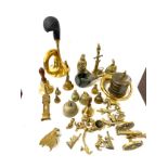 Large selection of assorted brassware includes instruments etc