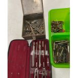 Large selection of vintage and later tools includes cased compass set, drill bits, weights etc
