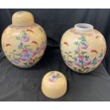 Pair of large Oriental lidded ginger jars, marks to base, hand painted embossed, height approx 11