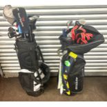 Large selection of assorted golf clubs and golf bags