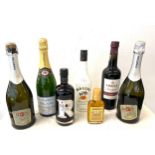 Selection of assorted alcohol includes Crofts Port, cognac, Malibu, sloe liquer 2 Bottles of Martini