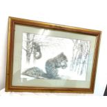 Framed pencil drawing of a squirrel, signed, frame measures approx 19.5 inches tall 26 inches wide