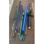 Large selection of assorted fishing equipment includes split cane fishing rods, flavia shakespere